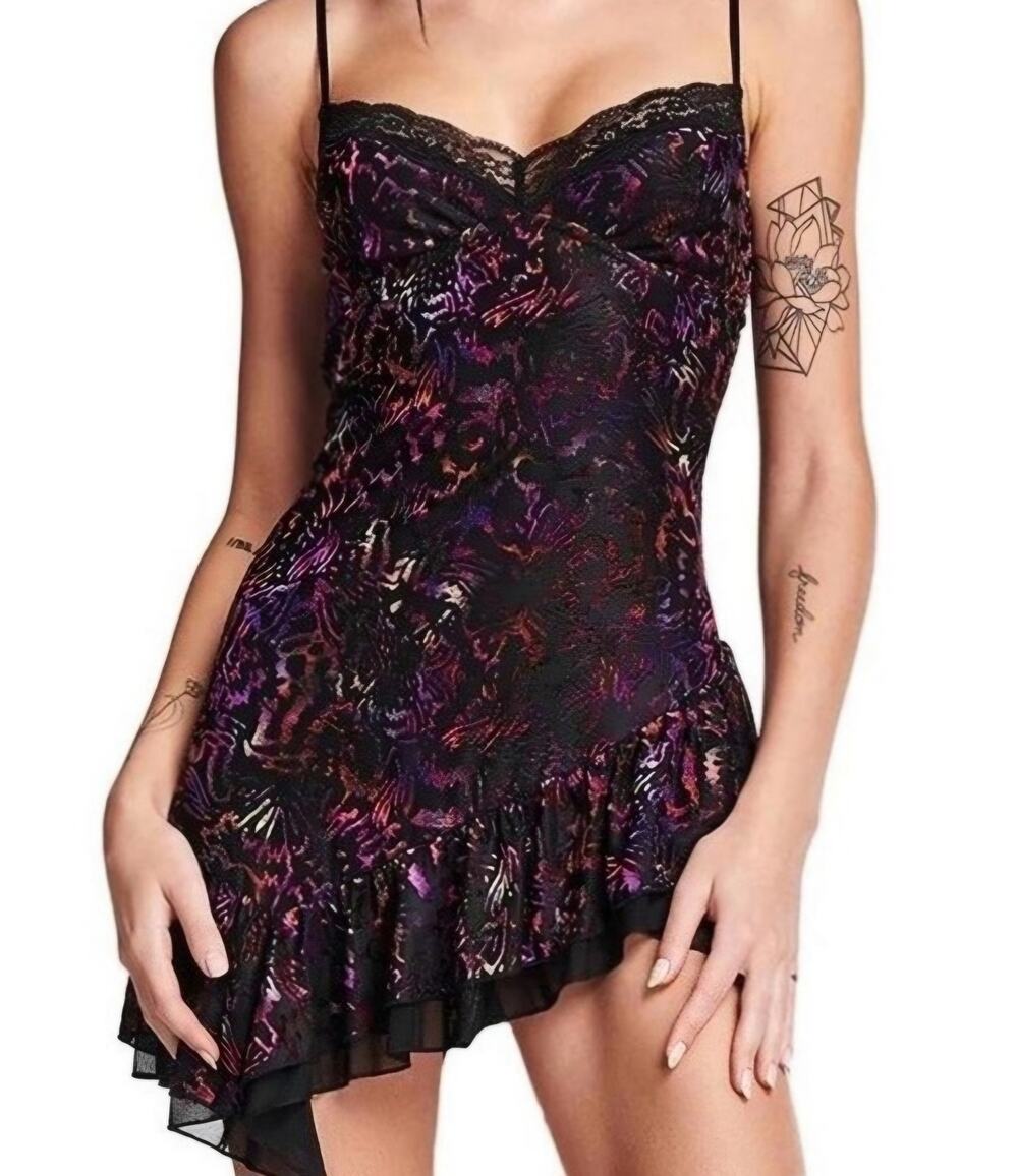 I.AM.GIA Lillie Asymmetrical Mini Dress Womens Medium Cheetah Black Purple